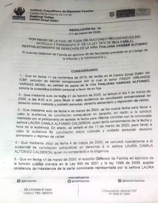 FOTO DOCUMENTO APOYO CASO DE LA NIÑA